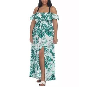 Raviya GREEN Plus Size Floral-Print Smocked-Bodice Maxi Dress Cover-up Size 0X